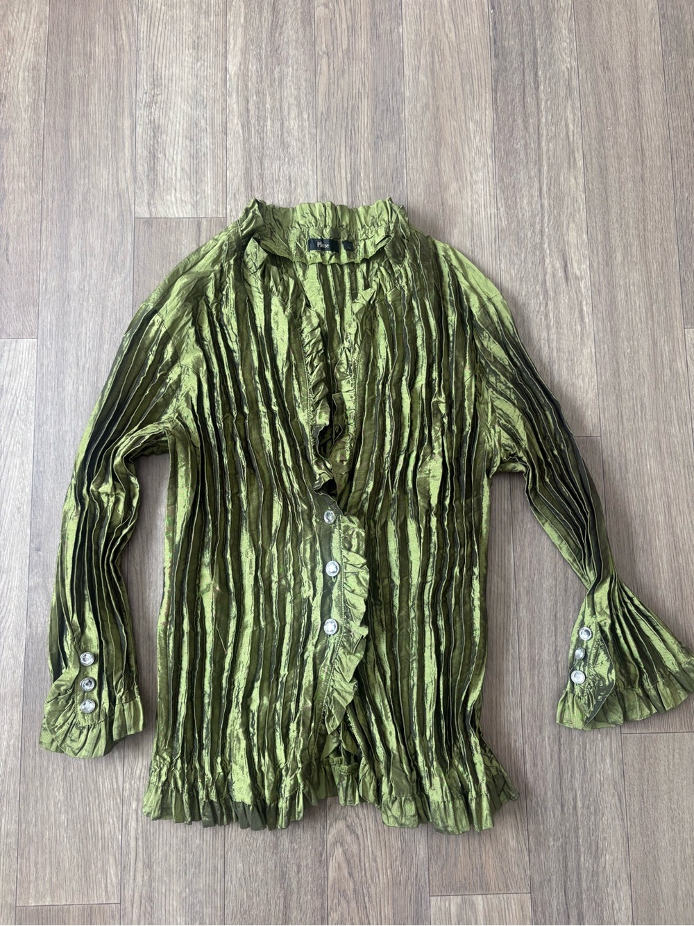 Textured Olive Green Ruffled Button-Front Blouse